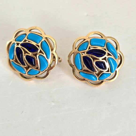 Crown Trifari Alfred Philippe Earrings Modern Mosaics Sapphire Turquoise Gold - Picture 3 of 7